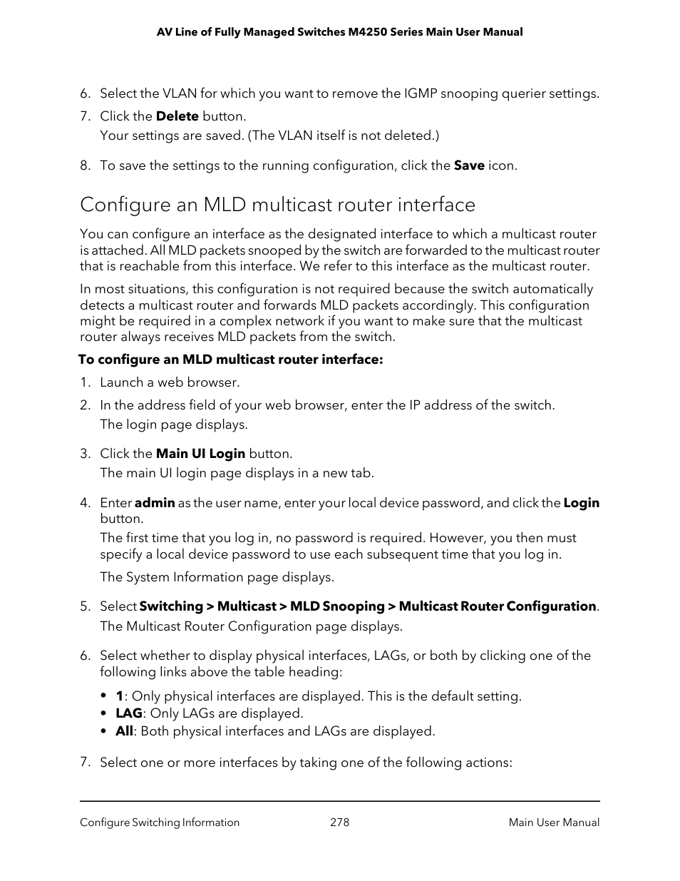 Configure an mld multicast router interface | NETGEAR AV Line M4250 GSM4210PX 8-Port Gigabit PoE+ Compliant Managed AV Switch with SFP (220W) User Manual | Page 278 / 826