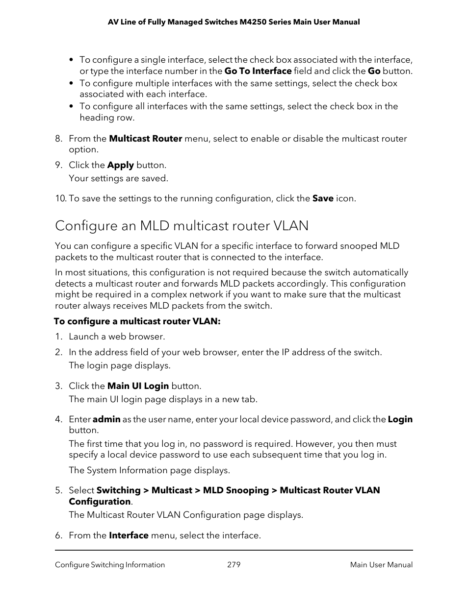 Configure an mld multicast router vlan | NETGEAR AV Line M4250 GSM4210PX 8-Port Gigabit PoE+ Compliant Managed AV Switch with SFP (220W) User Manual | Page 279 / 826