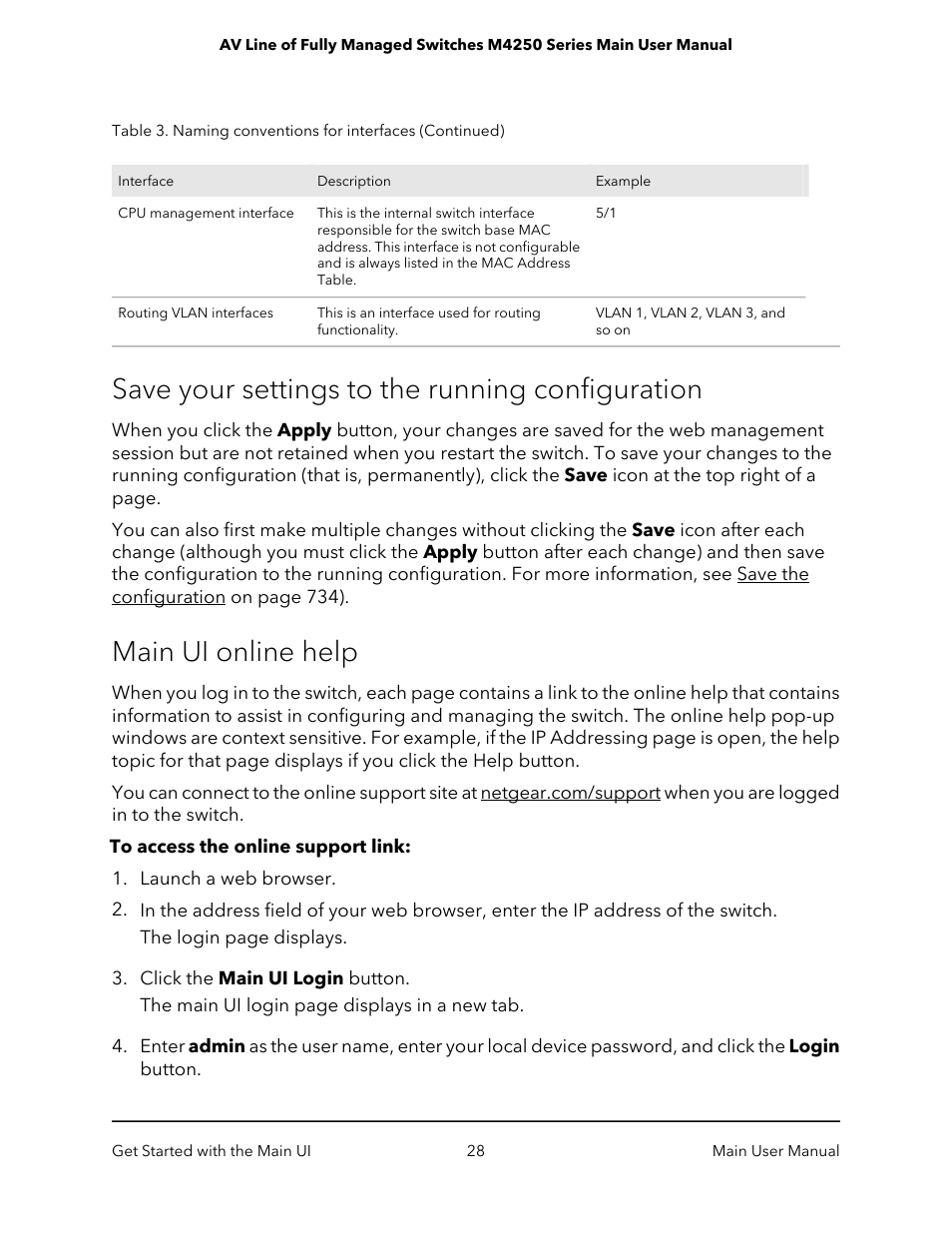 Save your settings to the running configuration, Main ui online help | NETGEAR AV Line M4250 GSM4210PX 8-Port Gigabit PoE+ Compliant Managed AV Switch with SFP (220W) User Manual | Page 28 / 826