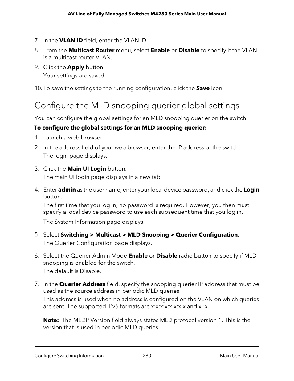 Configure the mld snooping querier global settings | NETGEAR AV Line M4250 GSM4210PX 8-Port Gigabit PoE+ Compliant Managed AV Switch with SFP (220W) User Manual | Page 280 / 826