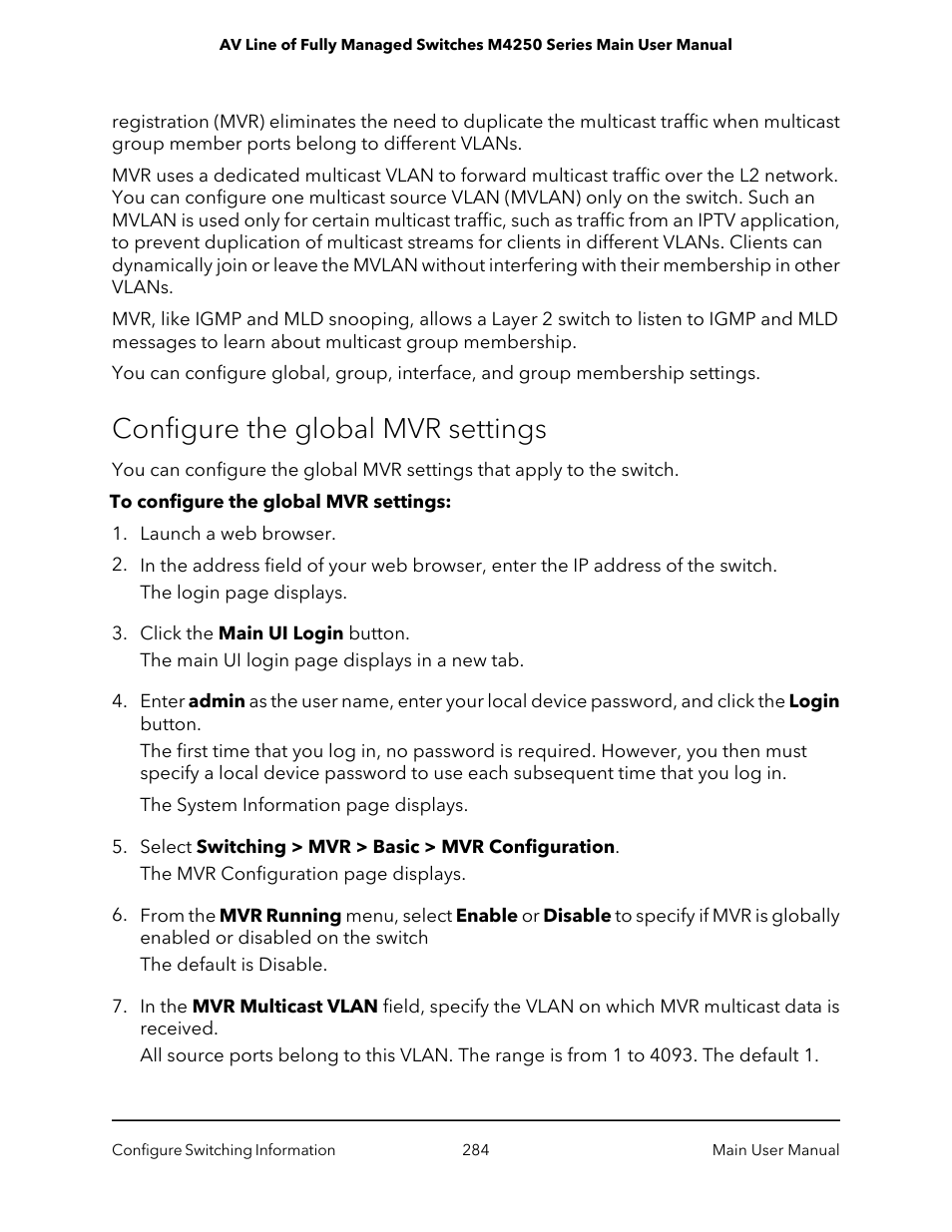 Configure the global mvr settings | NETGEAR AV Line M4250 GSM4210PX 8-Port Gigabit PoE+ Compliant Managed AV Switch with SFP (220W) User Manual | Page 284 / 826