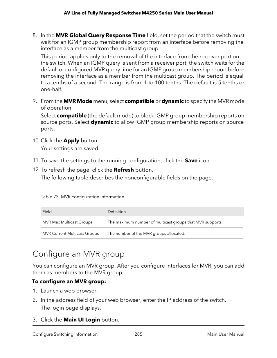 Configure an mvr group | NETGEAR AV Line M4250 GSM4210PX 8-Port Gigabit PoE+ Compliant Managed AV Switch with SFP (220W) User Manual | Page 285 / 826