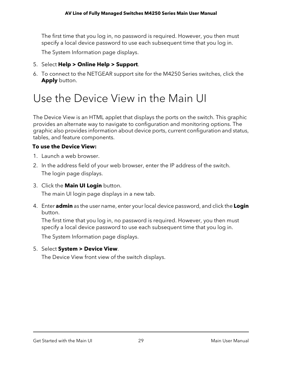 Use the device view in the main ui | NETGEAR AV Line M4250 GSM4210PX 8-Port Gigabit PoE+ Compliant Managed AV Switch with SFP (220W) User Manual | Page 29 / 826