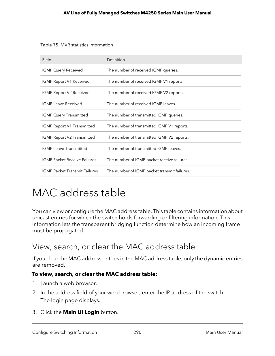 Mac address table, View, search, or clear the mac address table | NETGEAR AV Line M4250 GSM4210PX 8-Port Gigabit PoE+ Compliant Managed AV Switch with SFP (220W) User Manual | Page 290 / 826