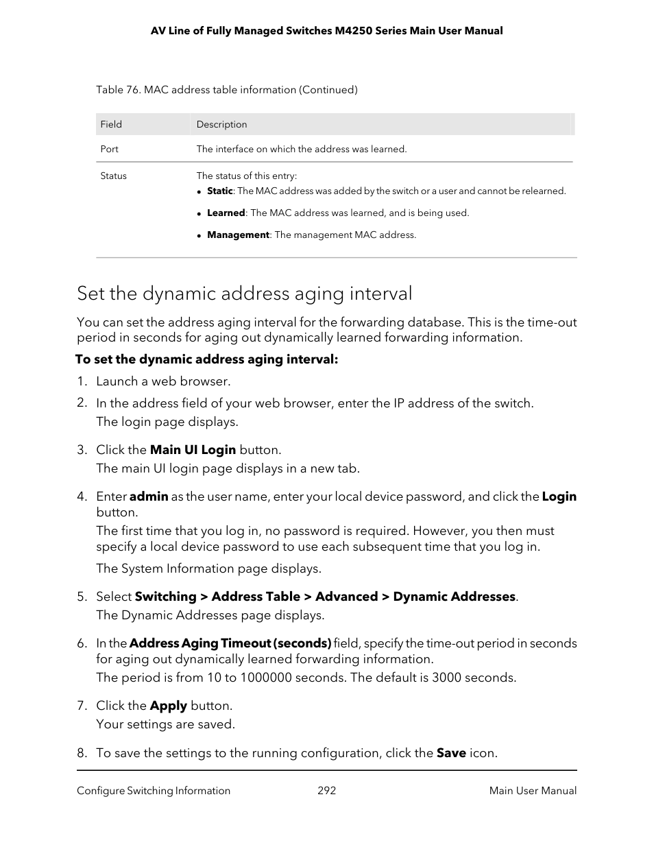 Set the dynamic address aging interval | NETGEAR AV Line M4250 GSM4210PX 8-Port Gigabit PoE+ Compliant Managed AV Switch with SFP (220W) User Manual | Page 292 / 826