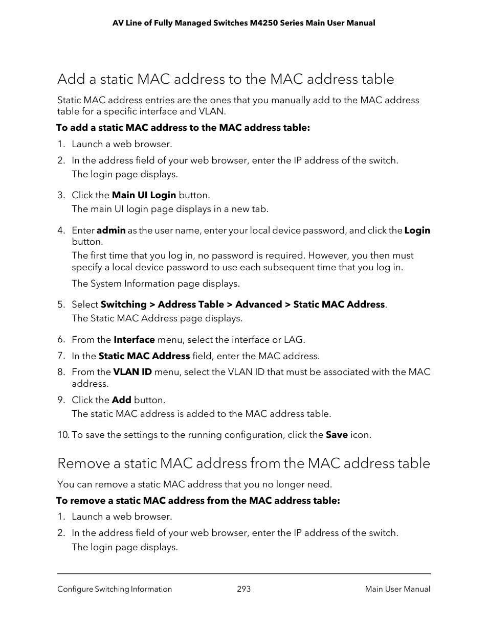 Add a static mac address to the mac address table | NETGEAR AV Line M4250 GSM4210PX 8-Port Gigabit PoE+ Compliant Managed AV Switch with SFP (220W) User Manual | Page 293 / 826