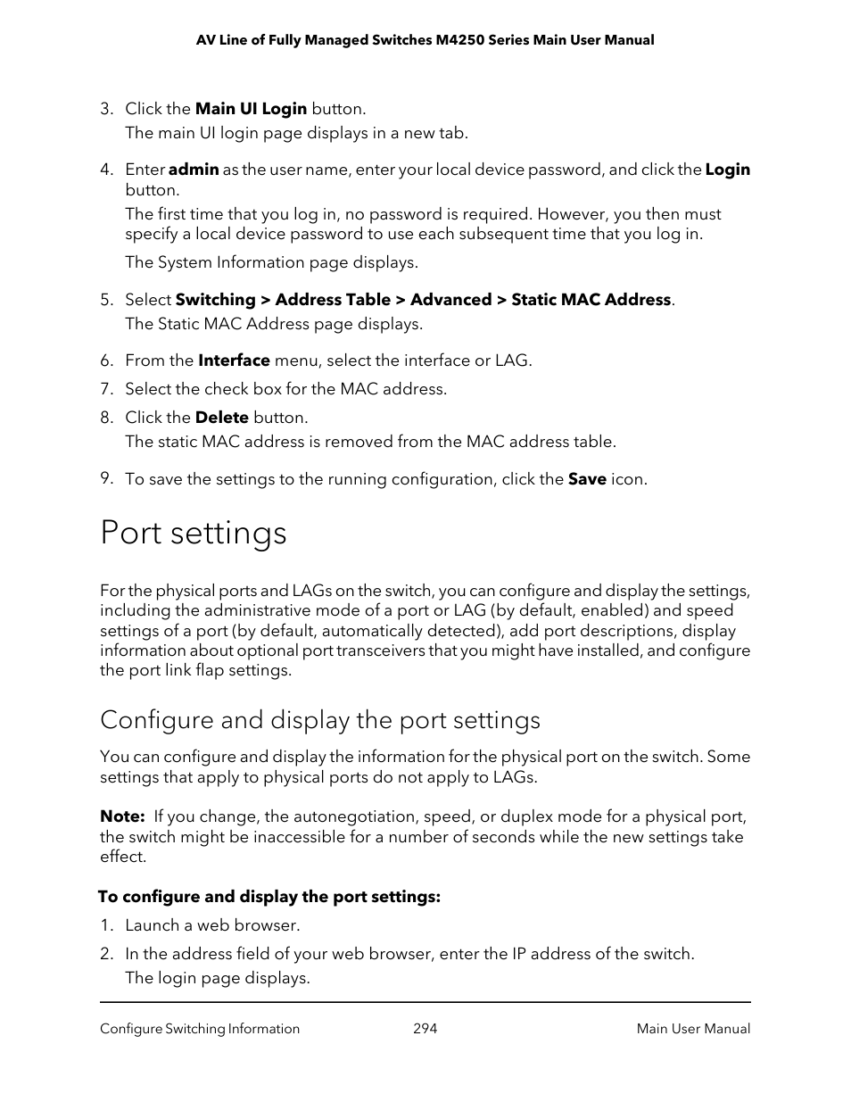 Port settings, Configure and display the port settings | NETGEAR AV Line M4250 GSM4210PX 8-Port Gigabit PoE+ Compliant Managed AV Switch with SFP (220W) User Manual | Page 294 / 826