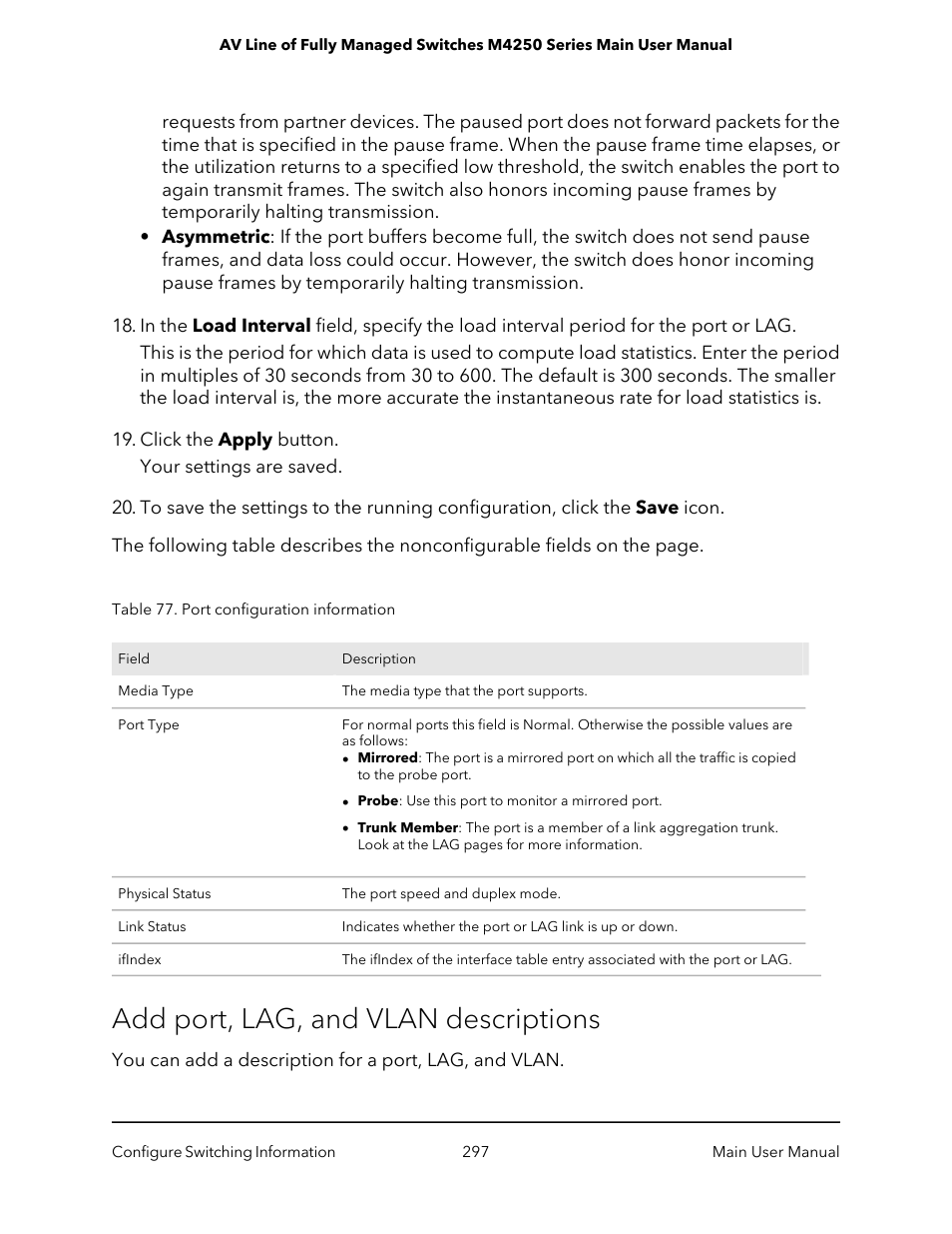 Add port, lag, and vlan descriptions | NETGEAR AV Line M4250 GSM4210PX 8-Port Gigabit PoE+ Compliant Managed AV Switch with SFP (220W) User Manual | Page 297 / 826