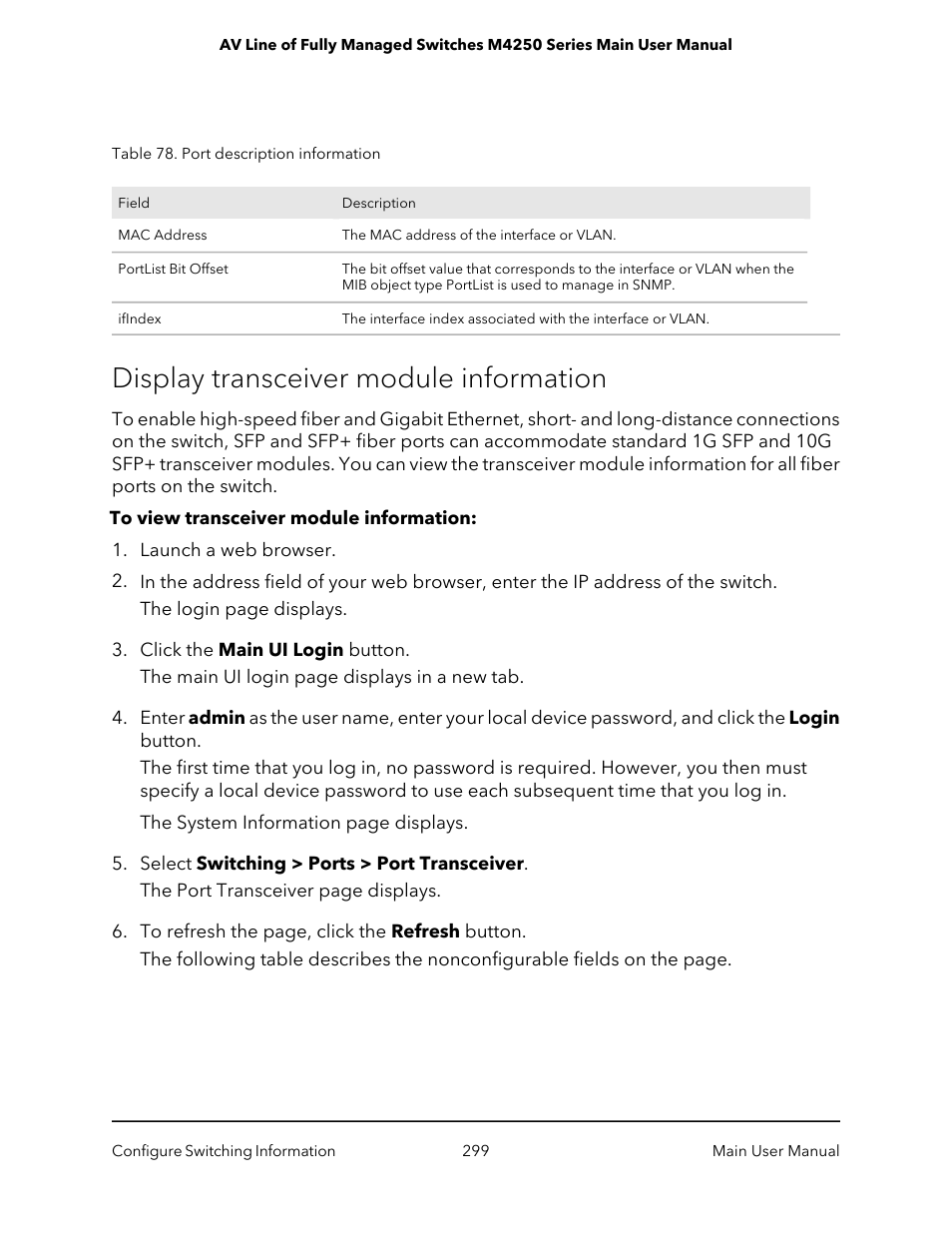 Display transceiver module information | NETGEAR AV Line M4250 GSM4210PX 8-Port Gigabit PoE+ Compliant Managed AV Switch with SFP (220W) User Manual | Page 299 / 826