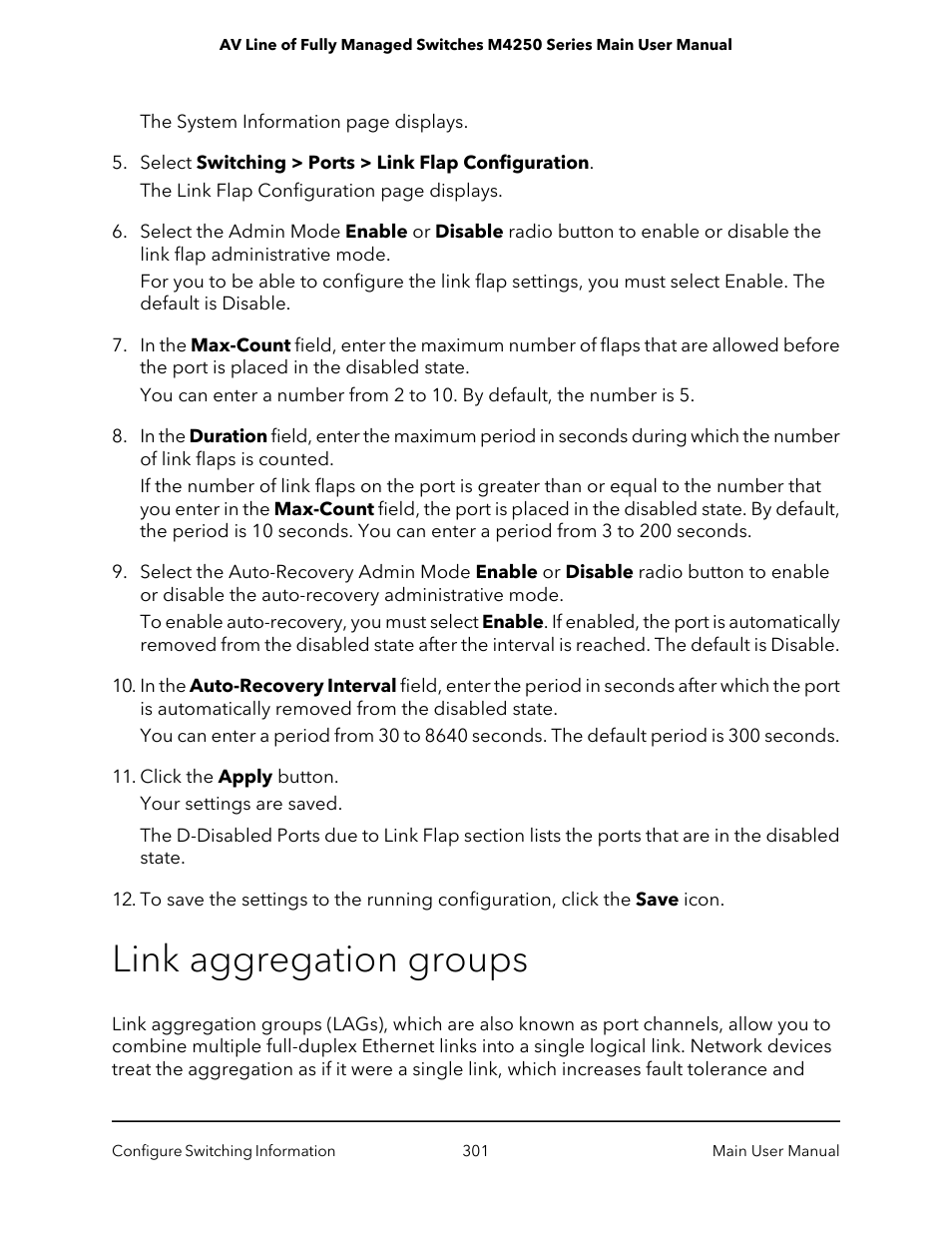 Link aggregation groups | NETGEAR AV Line M4250 GSM4210PX 8-Port Gigabit PoE+ Compliant Managed AV Switch with SFP (220W) User Manual | Page 301 / 826