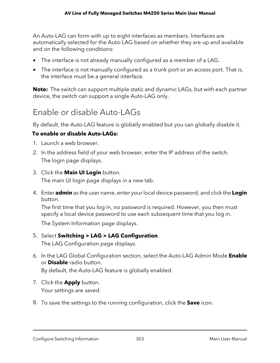 Enable or disable auto-lags | NETGEAR AV Line M4250 GSM4210PX 8-Port Gigabit PoE+ Compliant Managed AV Switch with SFP (220W) User Manual | Page 303 / 826