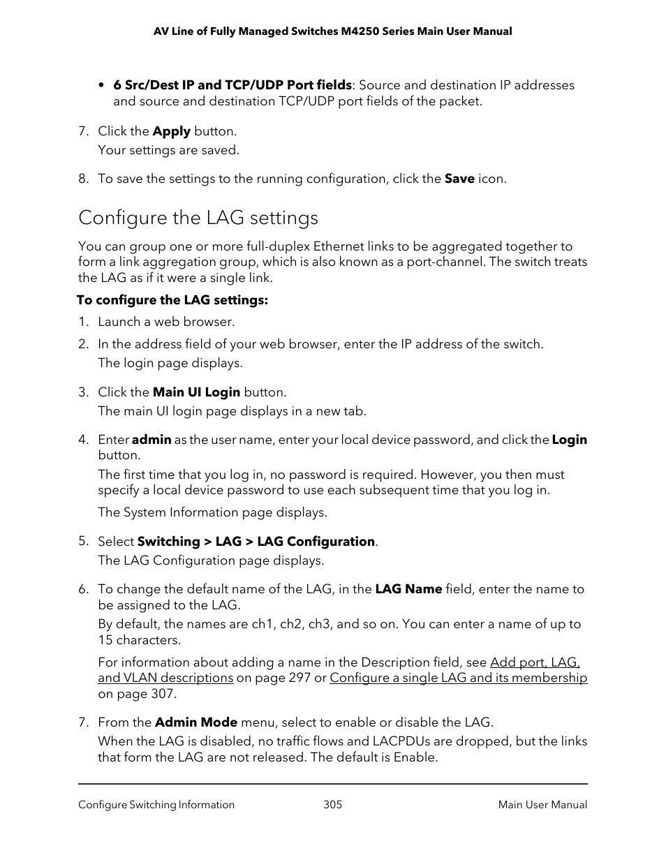 Configure the lag settings | NETGEAR AV Line M4250 GSM4210PX 8-Port Gigabit PoE+ Compliant Managed AV Switch with SFP (220W) User Manual | Page 305 / 826