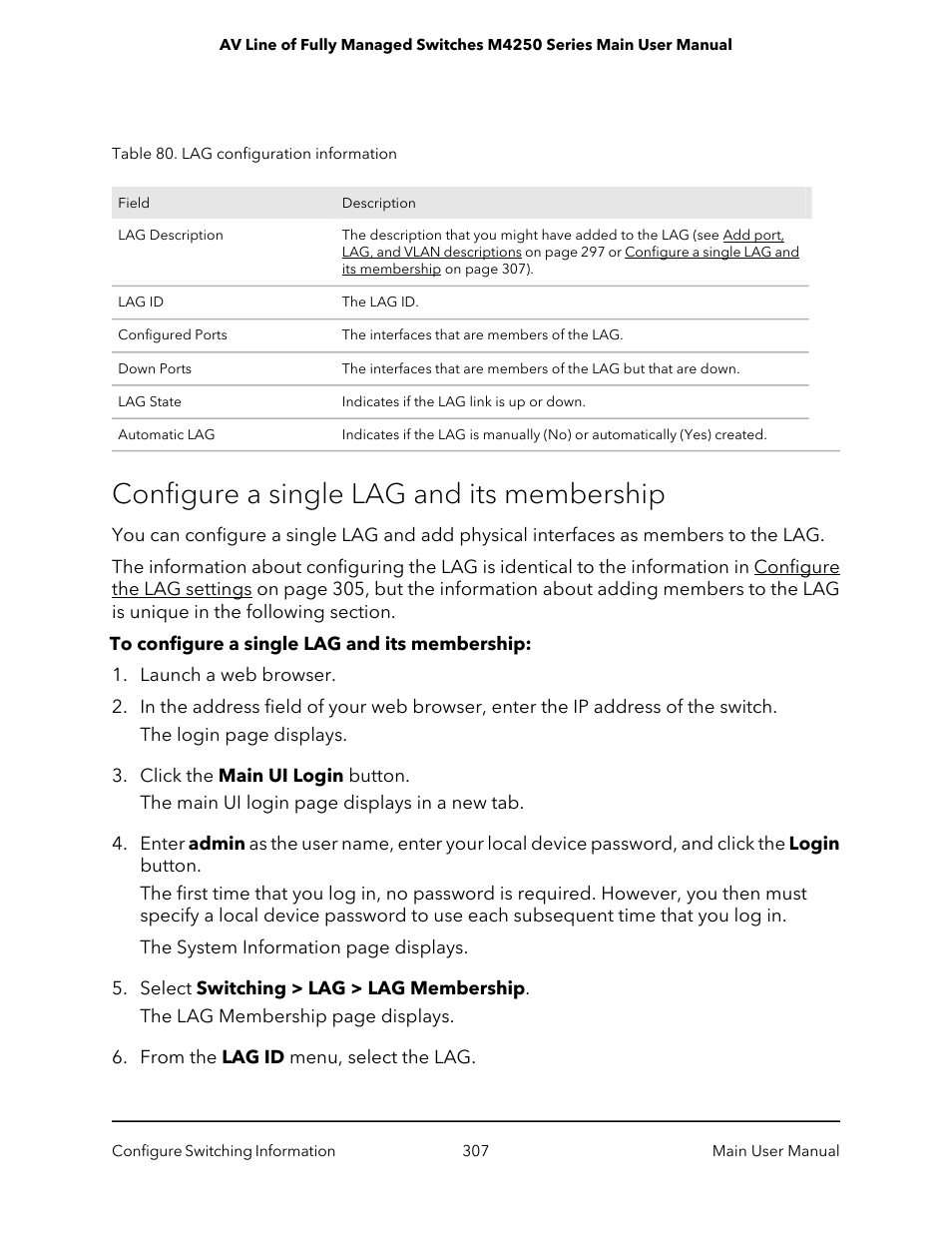 Configure a single lag and its membership | NETGEAR AV Line M4250 GSM4210PX 8-Port Gigabit PoE+ Compliant Managed AV Switch with SFP (220W) User Manual | Page 307 / 826