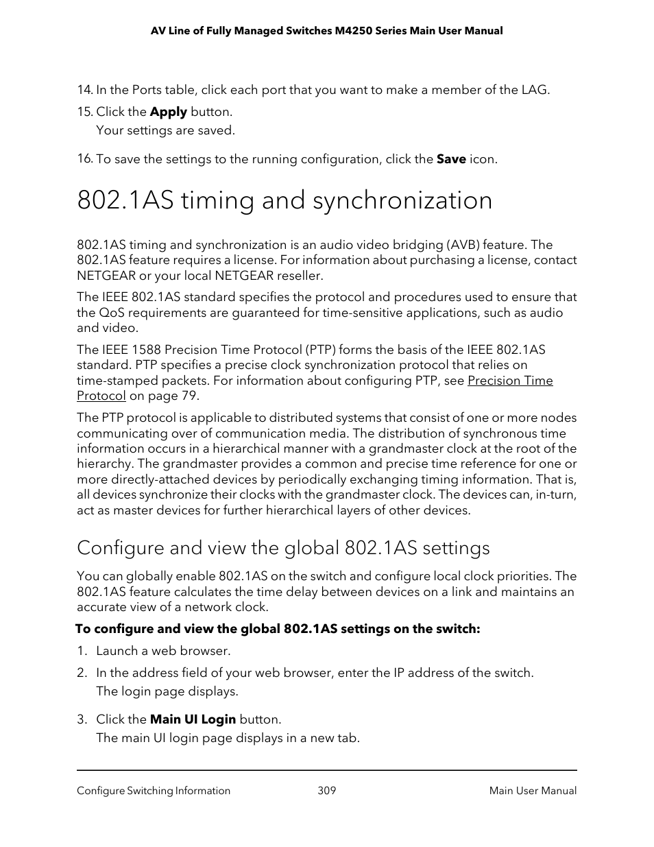 1as timing and synchronization, Configure and view the global 802.1as settings | NETGEAR AV Line M4250 GSM4210PX 8-Port Gigabit PoE+ Compliant Managed AV Switch with SFP (220W) User Manual | Page 309 / 826