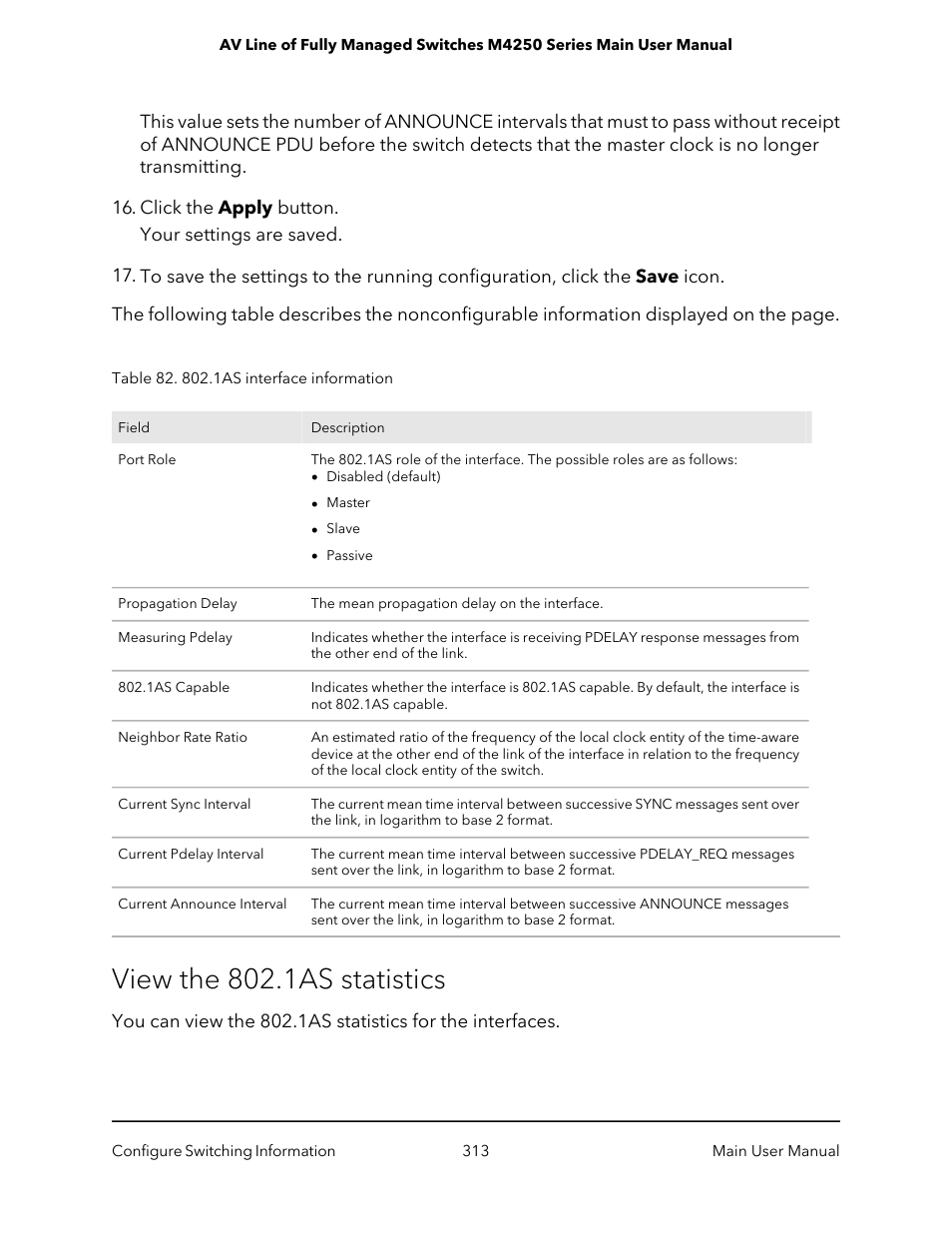 View the 802.1as statistics | NETGEAR AV Line M4250 GSM4210PX 8-Port Gigabit PoE+ Compliant Managed AV Switch with SFP (220W) User Manual | Page 313 / 826