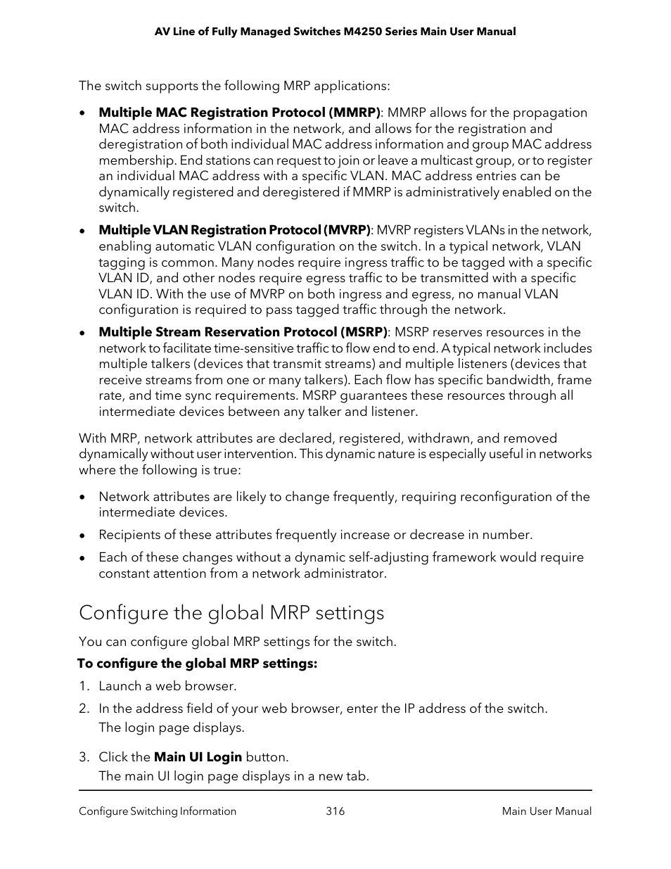 Configure the global mrp settings | NETGEAR AV Line M4250 GSM4210PX 8-Port Gigabit PoE+ Compliant Managed AV Switch with SFP (220W) User Manual | Page 316 / 826