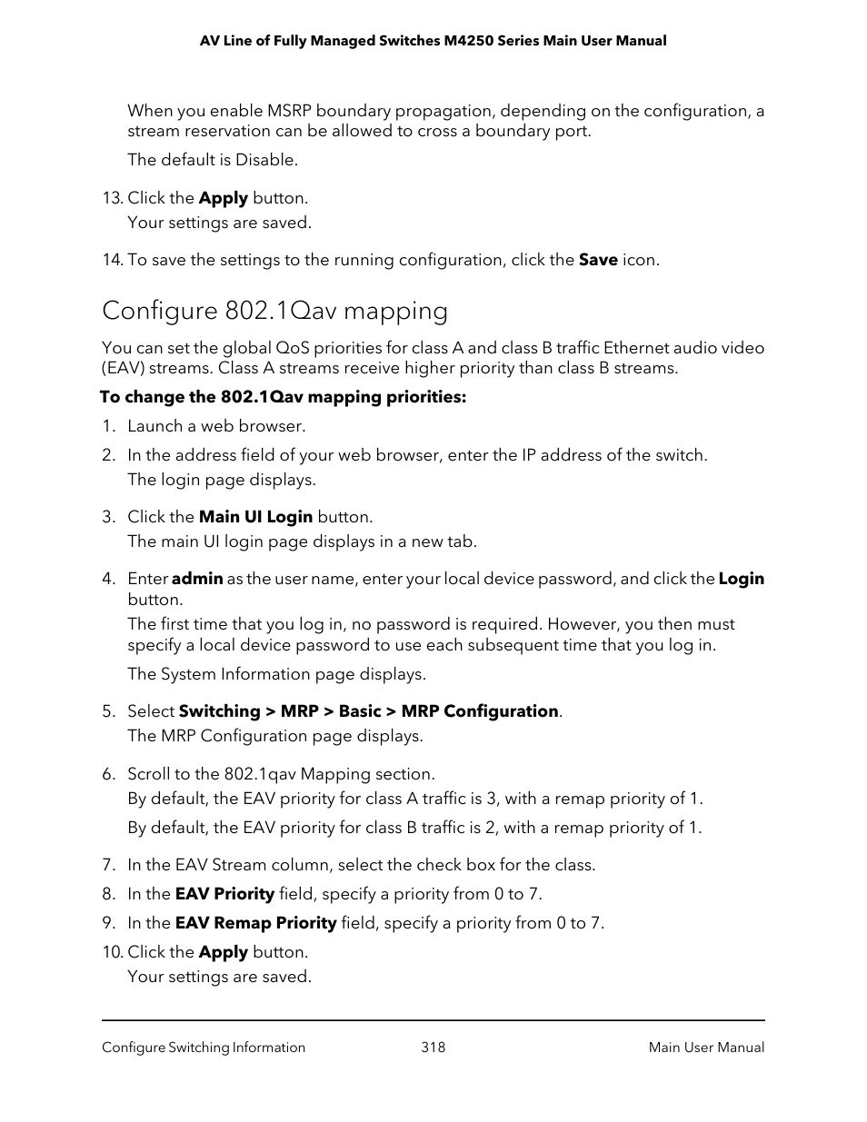 Configure 802.1qav mapping | NETGEAR AV Line M4250 GSM4210PX 8-Port Gigabit PoE+ Compliant Managed AV Switch with SFP (220W) User Manual | Page 318 / 826