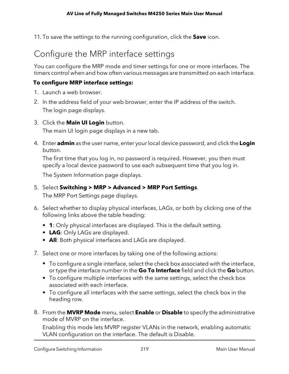 Configure the mrp interface settings | NETGEAR AV Line M4250 GSM4210PX 8-Port Gigabit PoE+ Compliant Managed AV Switch with SFP (220W) User Manual | Page 319 / 826