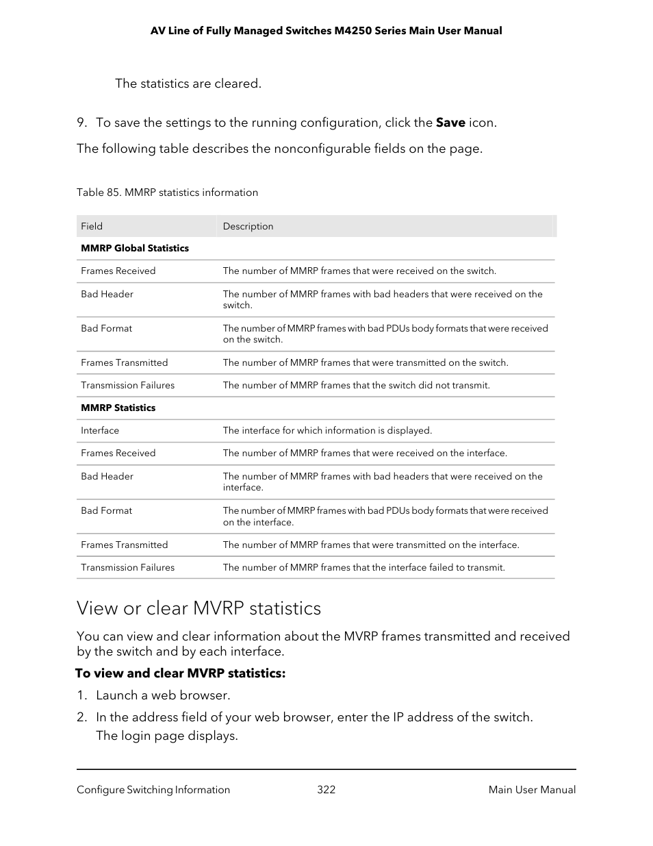 View or clear mvrp statistics | NETGEAR AV Line M4250 GSM4210PX 8-Port Gigabit PoE+ Compliant Managed AV Switch with SFP (220W) User Manual | Page 322 / 826