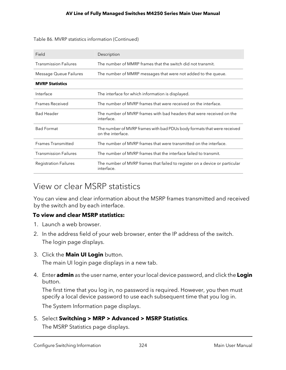 View or clear msrp statistics | NETGEAR AV Line M4250 GSM4210PX 8-Port Gigabit PoE+ Compliant Managed AV Switch with SFP (220W) User Manual | Page 324 / 826