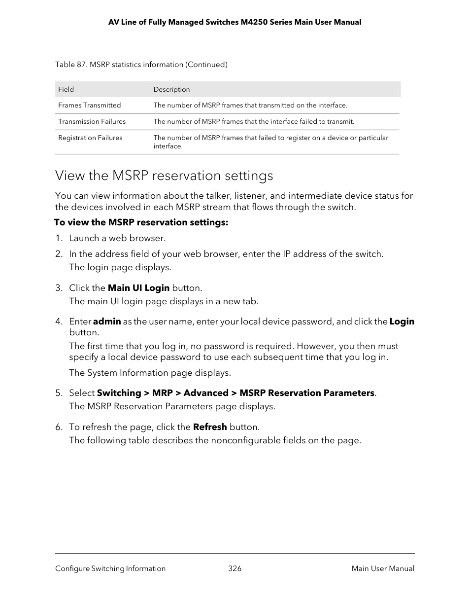 View the msrp reservation settings | NETGEAR AV Line M4250 GSM4210PX 8-Port Gigabit PoE+ Compliant Managed AV Switch with SFP (220W) User Manual | Page 326 / 826