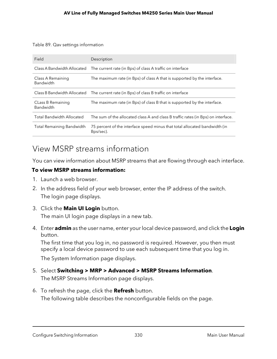 View msrp streams information | NETGEAR AV Line M4250 GSM4210PX 8-Port Gigabit PoE+ Compliant Managed AV Switch with SFP (220W) User Manual | Page 330 / 826