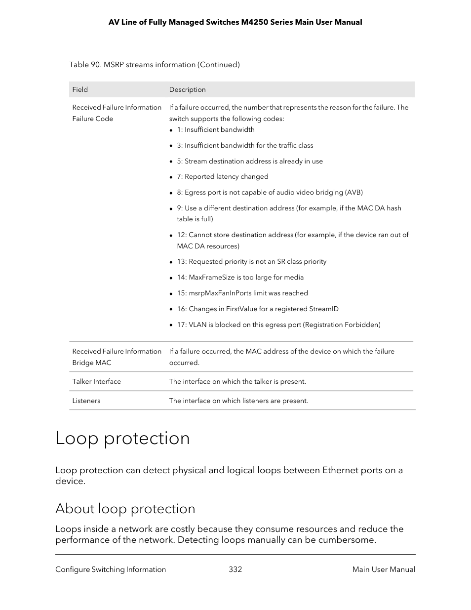 Loop protection, About loop protection | NETGEAR AV Line M4250 GSM4210PX 8-Port Gigabit PoE+ Compliant Managed AV Switch with SFP (220W) User Manual | Page 332 / 826