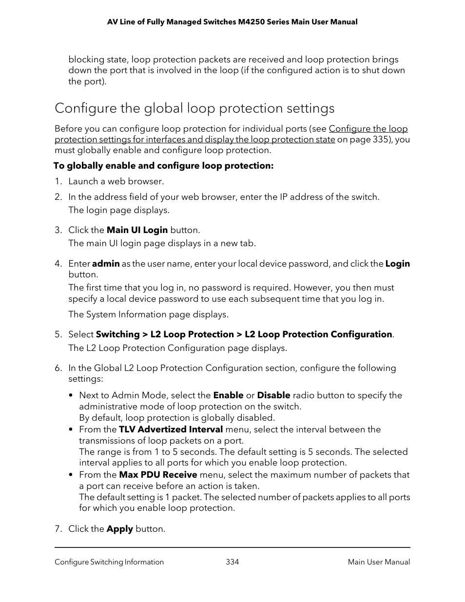 Configure the global loop protection settings | NETGEAR AV Line M4250 GSM4210PX 8-Port Gigabit PoE+ Compliant Managed AV Switch with SFP (220W) User Manual | Page 334 / 826