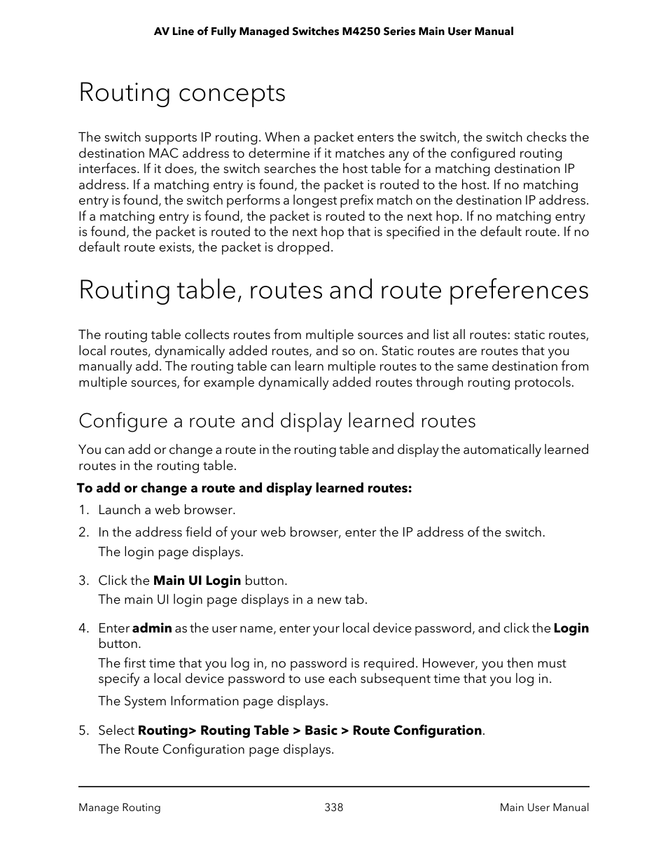 Routing concepts, Routing table, routes and route preferences, Configure a route and display learned routes | NETGEAR AV Line M4250 GSM4210PX 8-Port Gigabit PoE+ Compliant Managed AV Switch with SFP (220W) User Manual | Page 338 / 826