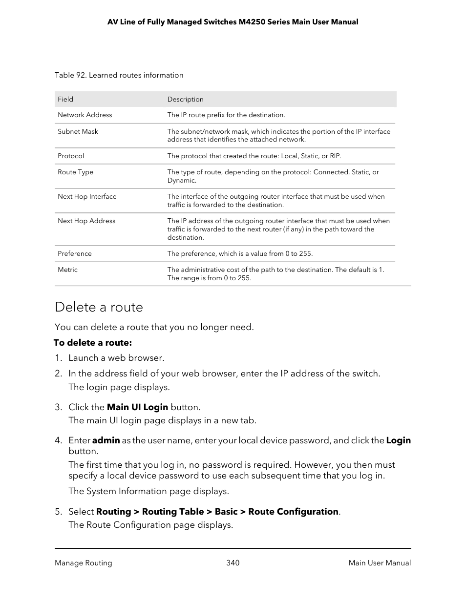 Delete a route | NETGEAR AV Line M4250 GSM4210PX 8-Port Gigabit PoE+ Compliant Managed AV Switch with SFP (220W) User Manual | Page 340 / 826