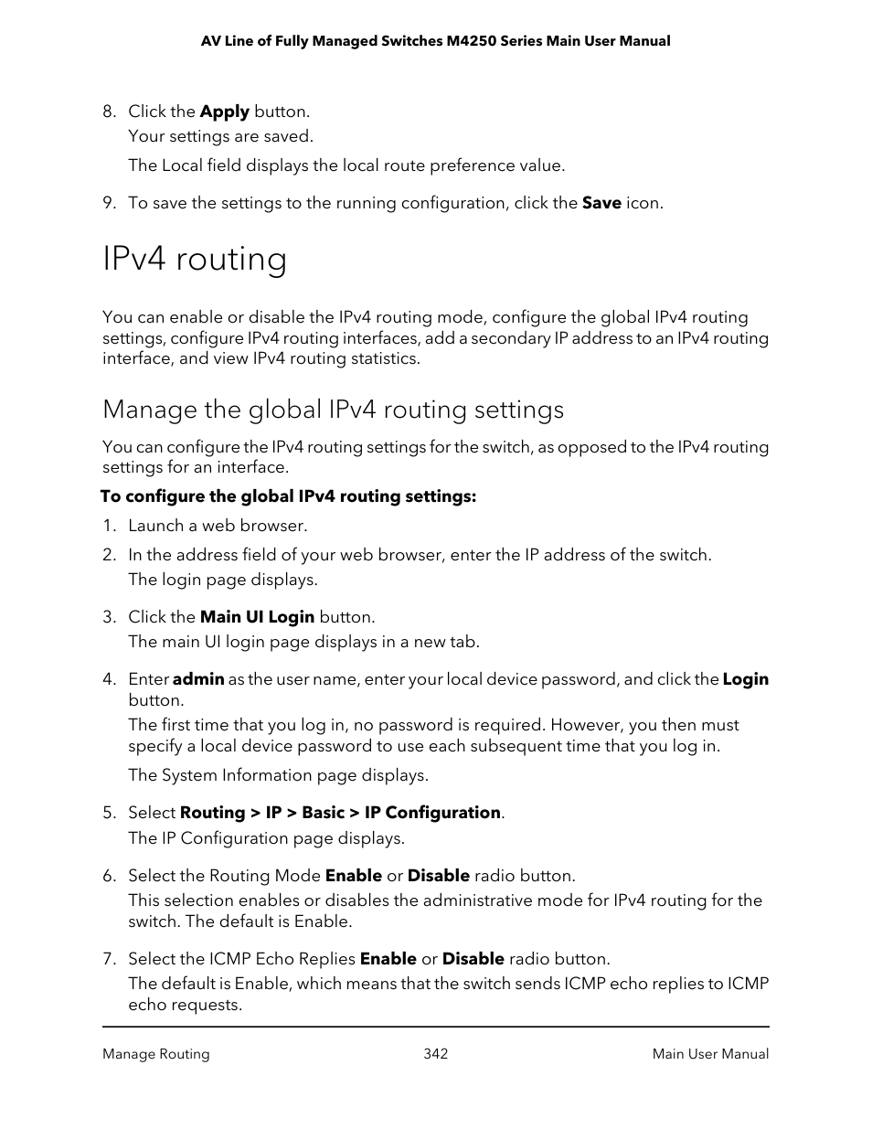 Ipv4 routing, Manage the global ipv4 routing settings | NETGEAR AV Line M4250 GSM4210PX 8-Port Gigabit PoE+ Compliant Managed AV Switch with SFP (220W) User Manual | Page 342 / 826