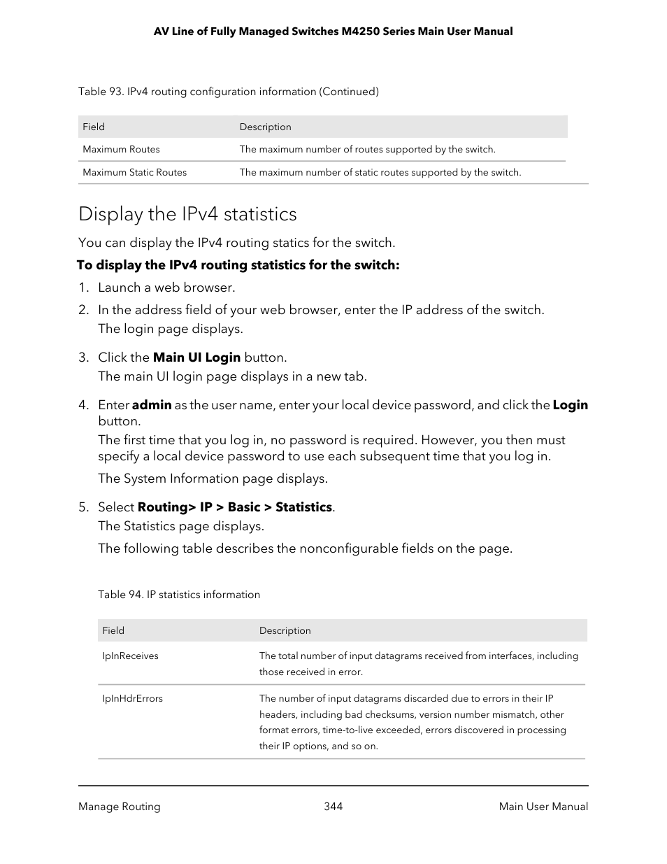 Display the ipv4 statistics | NETGEAR AV Line M4250 GSM4210PX 8-Port Gigabit PoE+ Compliant Managed AV Switch with SFP (220W) User Manual | Page 344 / 826