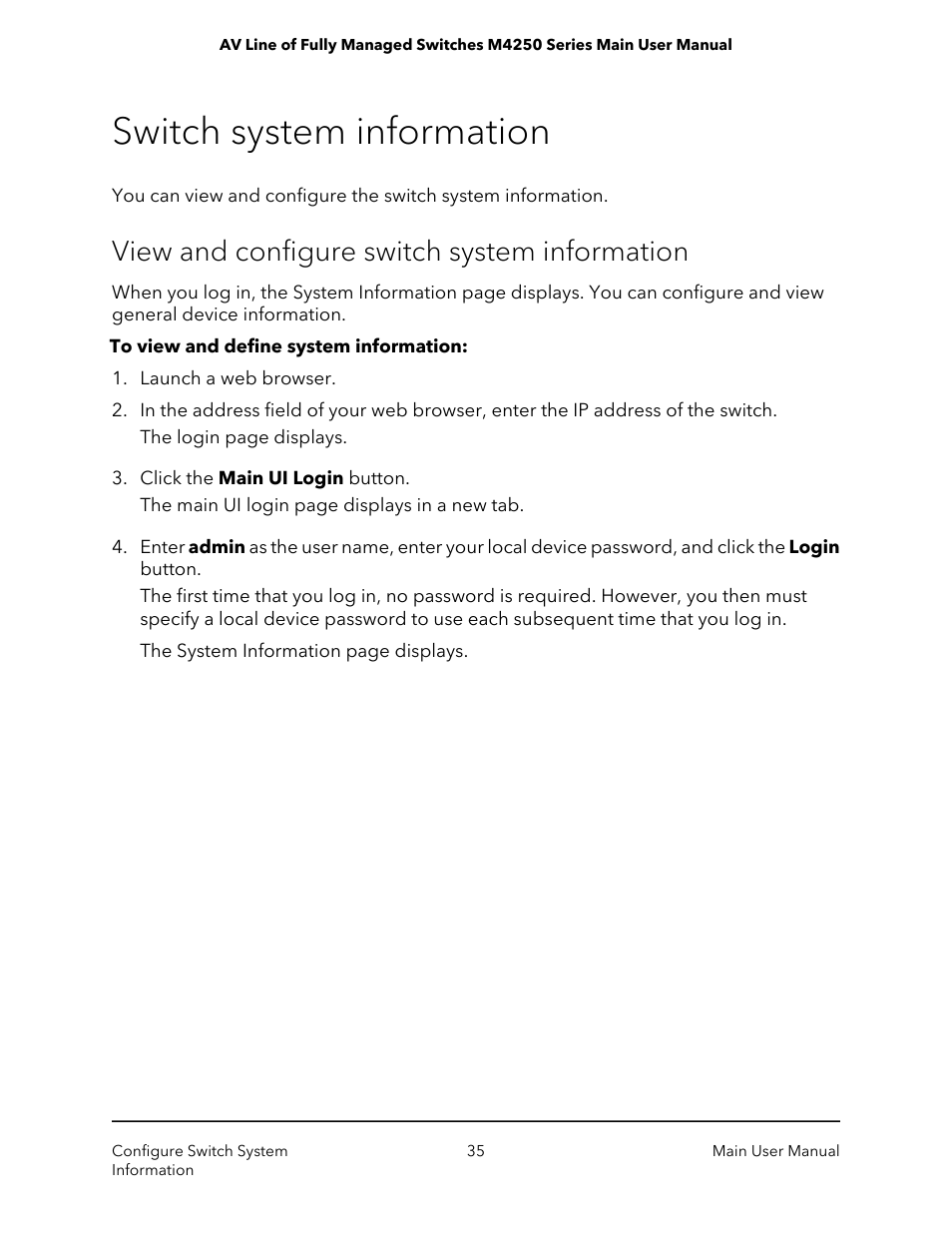 Switch system information, View and configure switch system information | NETGEAR AV Line M4250 GSM4210PX 8-Port Gigabit PoE+ Compliant Managed AV Switch with SFP (220W) User Manual | Page 35 / 826