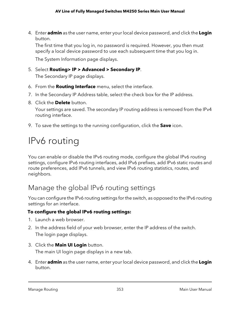 Ipv6 routing, Manage the global ipv6 routing settings | NETGEAR AV Line M4250 GSM4210PX 8-Port Gigabit PoE+ Compliant Managed AV Switch with SFP (220W) User Manual | Page 353 / 826