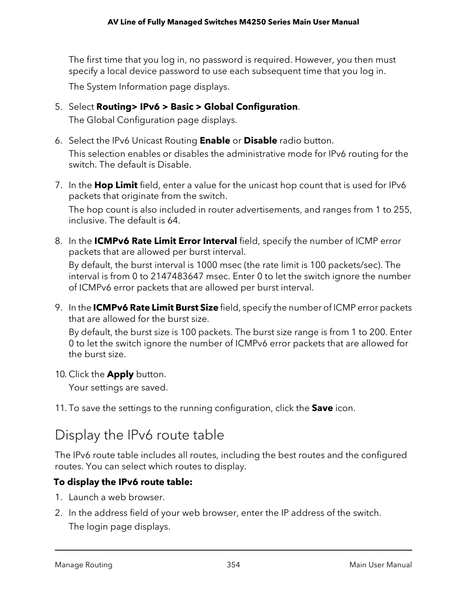 Display the ipv6 route table | NETGEAR AV Line M4250 GSM4210PX 8-Port Gigabit PoE+ Compliant Managed AV Switch with SFP (220W) User Manual | Page 354 / 826