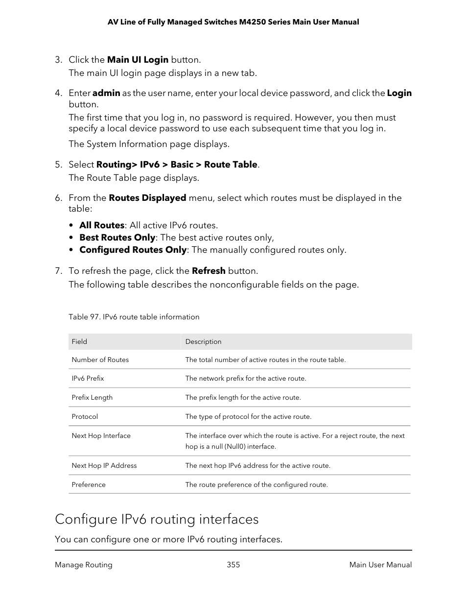 Configure ipv6 routing interfaces | NETGEAR AV Line M4250 GSM4210PX 8-Port Gigabit PoE+ Compliant Managed AV Switch with SFP (220W) User Manual | Page 355 / 826