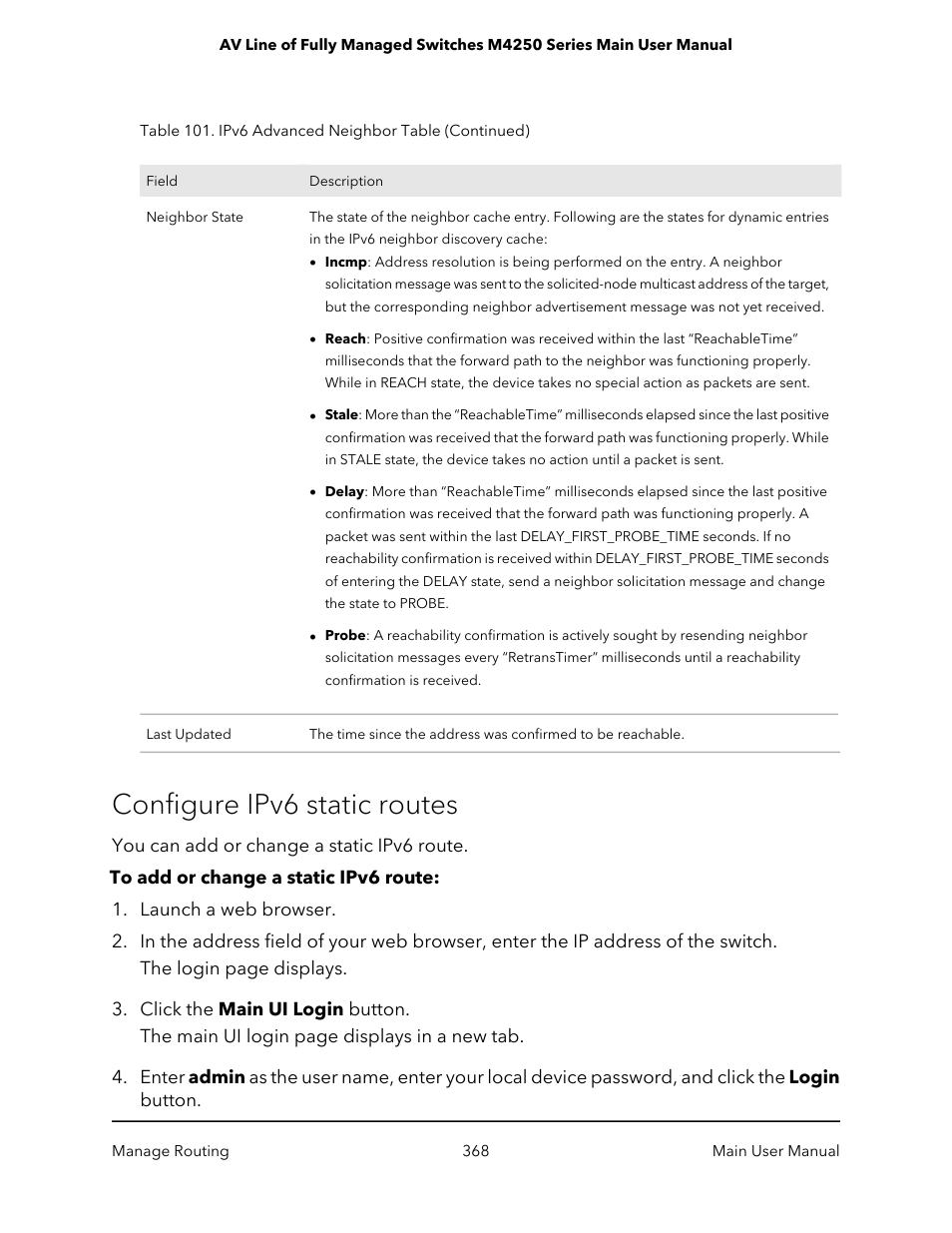 Configure ipv6 static routes | NETGEAR AV Line M4250 GSM4210PX 8-Port Gigabit PoE+ Compliant Managed AV Switch with SFP (220W) User Manual | Page 368 / 826