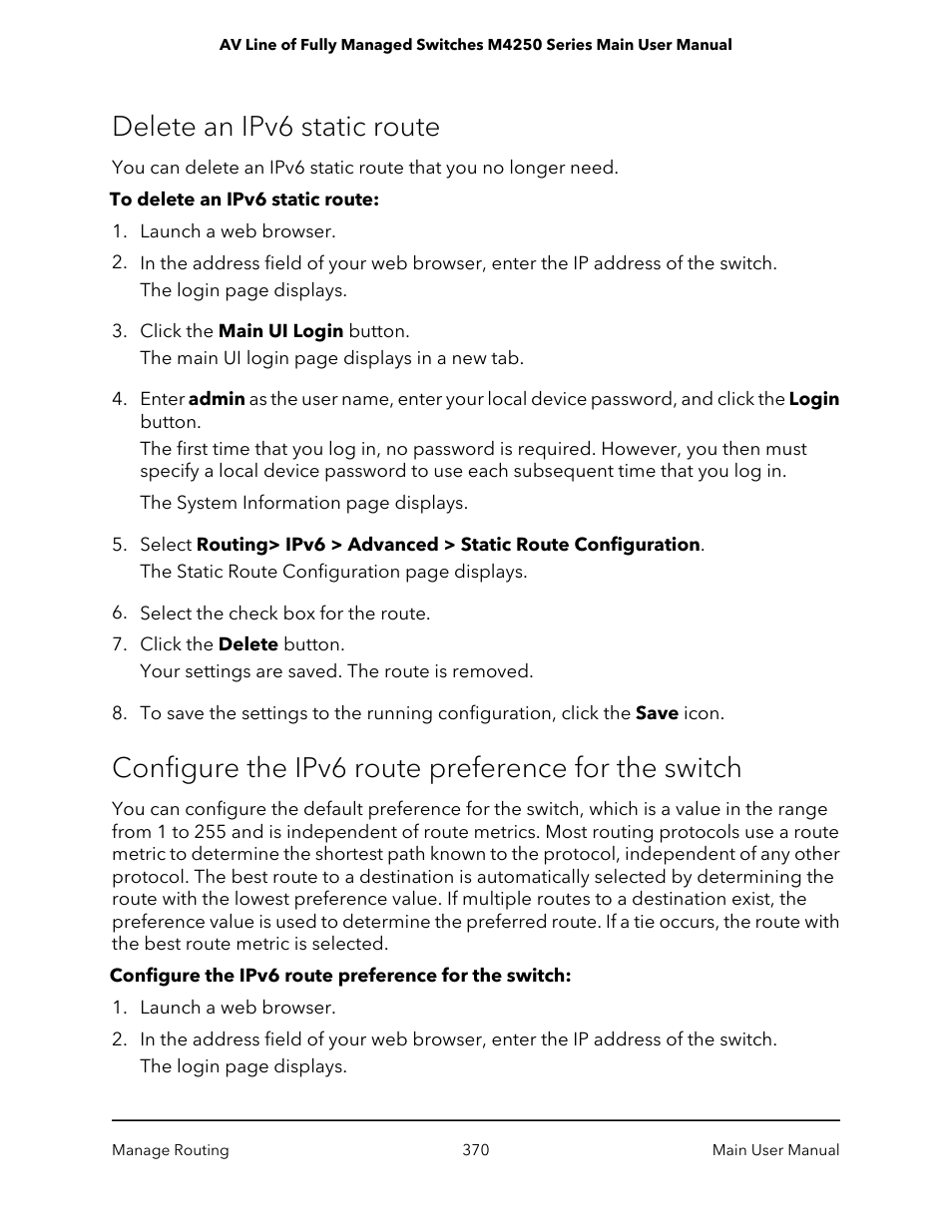 Delete an ipv6 static route, Configure the ipv6 route preference for the switch | NETGEAR AV Line M4250 GSM4210PX 8-Port Gigabit PoE+ Compliant Managed AV Switch with SFP (220W) User Manual | Page 370 / 826