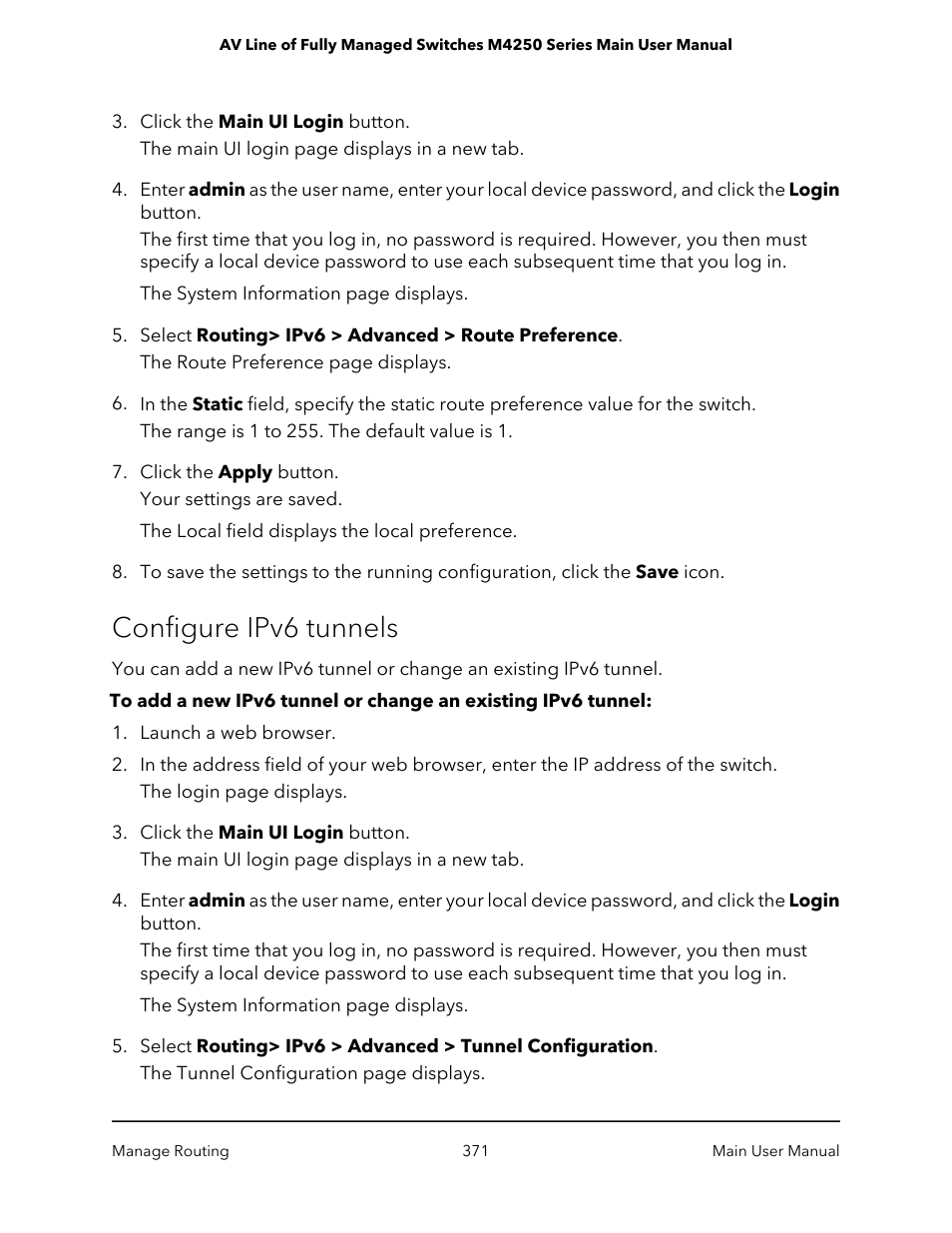 Configure ipv6 tunnels | NETGEAR AV Line M4250 GSM4210PX 8-Port Gigabit PoE+ Compliant Managed AV Switch with SFP (220W) User Manual | Page 371 / 826