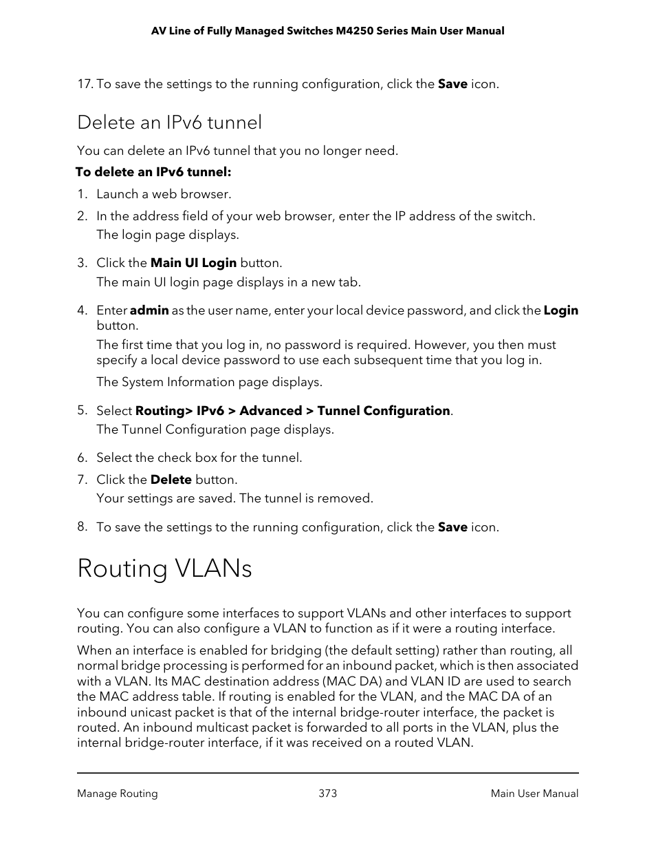 Delete an ipv6 tunnel, Routing vlans | NETGEAR AV Line M4250 GSM4210PX 8-Port Gigabit PoE+ Compliant Managed AV Switch with SFP (220W) User Manual | Page 373 / 826