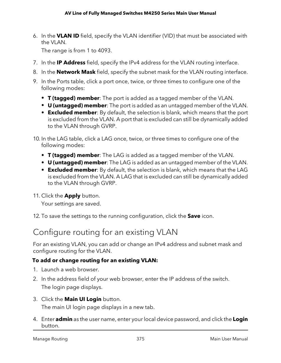 Configure routing for an existing vlan | NETGEAR AV Line M4250 GSM4210PX 8-Port Gigabit PoE+ Compliant Managed AV Switch with SFP (220W) User Manual | Page 375 / 826