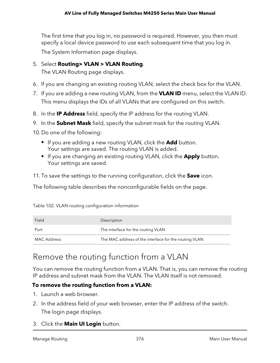 Remove the routing function from a vlan | NETGEAR AV Line M4250 GSM4210PX 8-Port Gigabit PoE+ Compliant Managed AV Switch with SFP (220W) User Manual | Page 376 / 826