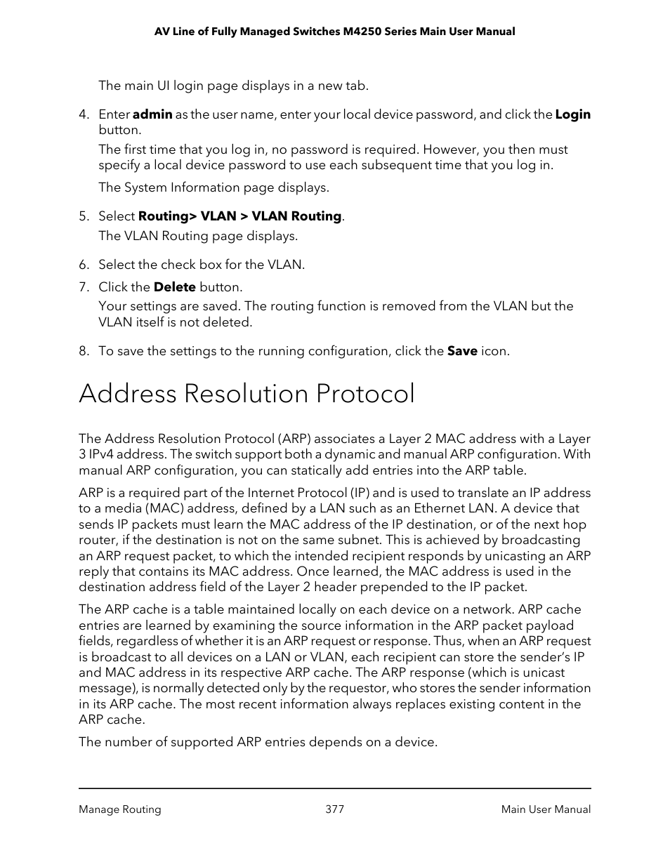 Address resolution protocol | NETGEAR AV Line M4250 GSM4210PX 8-Port Gigabit PoE+ Compliant Managed AV Switch with SFP (220W) User Manual | Page 377 / 826