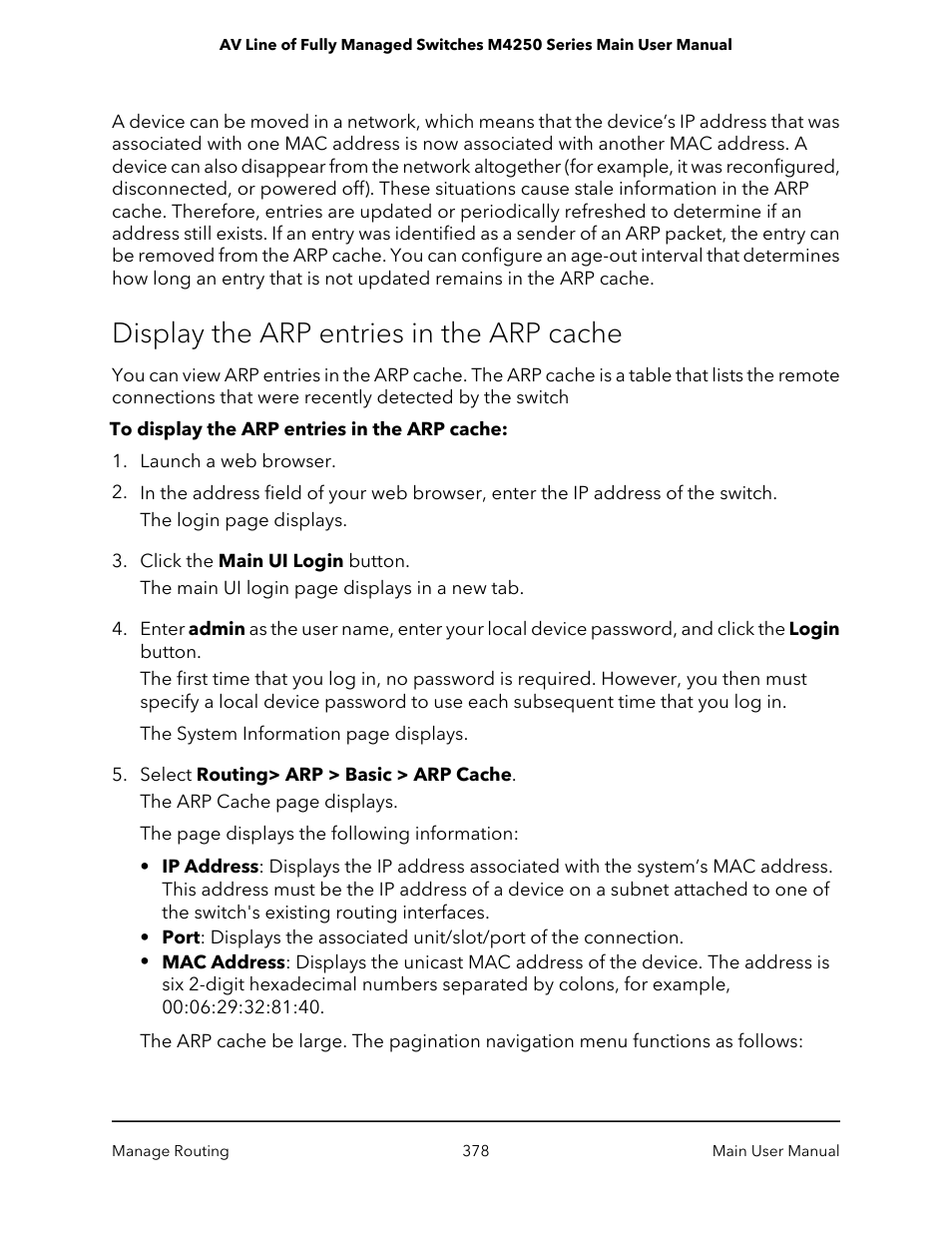 Display the arp entries in the arp cache | NETGEAR AV Line M4250 GSM4210PX 8-Port Gigabit PoE+ Compliant Managed AV Switch with SFP (220W) User Manual | Page 378 / 826