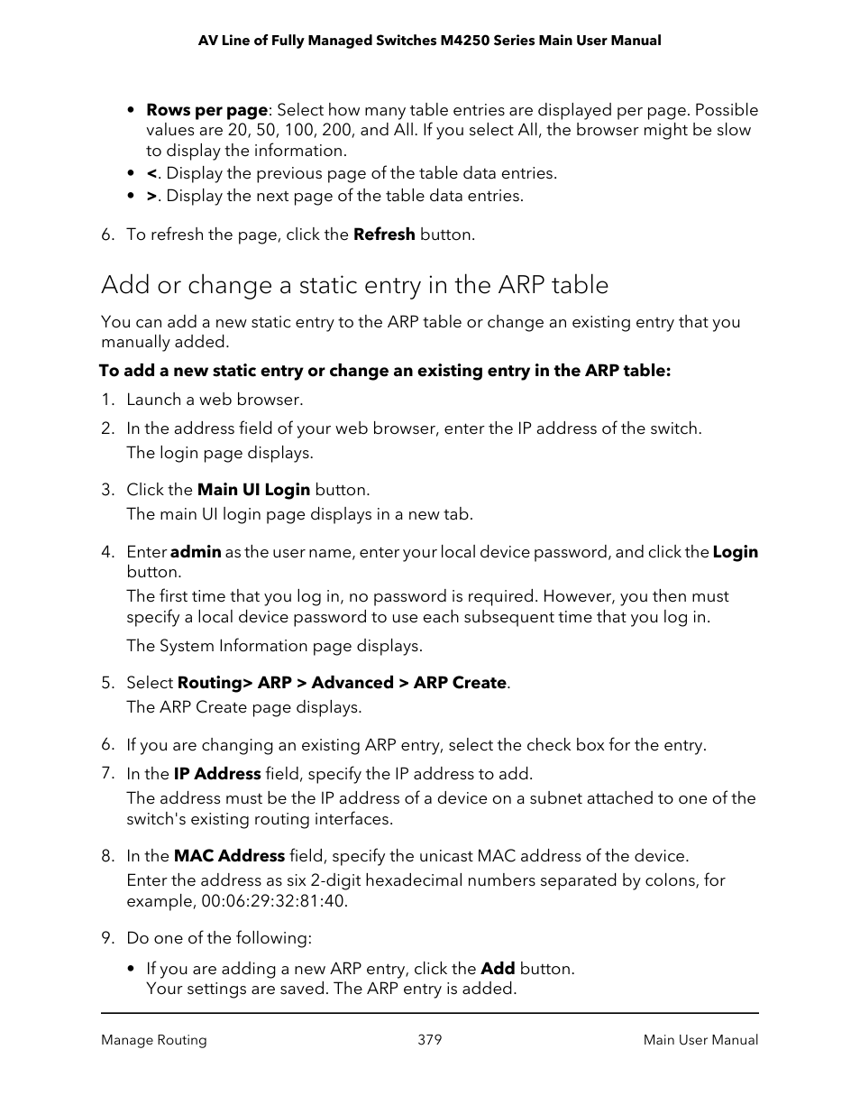 Add or change a static entry in the arp table | NETGEAR AV Line M4250 GSM4210PX 8-Port Gigabit PoE+ Compliant Managed AV Switch with SFP (220W) User Manual | Page 379 / 826