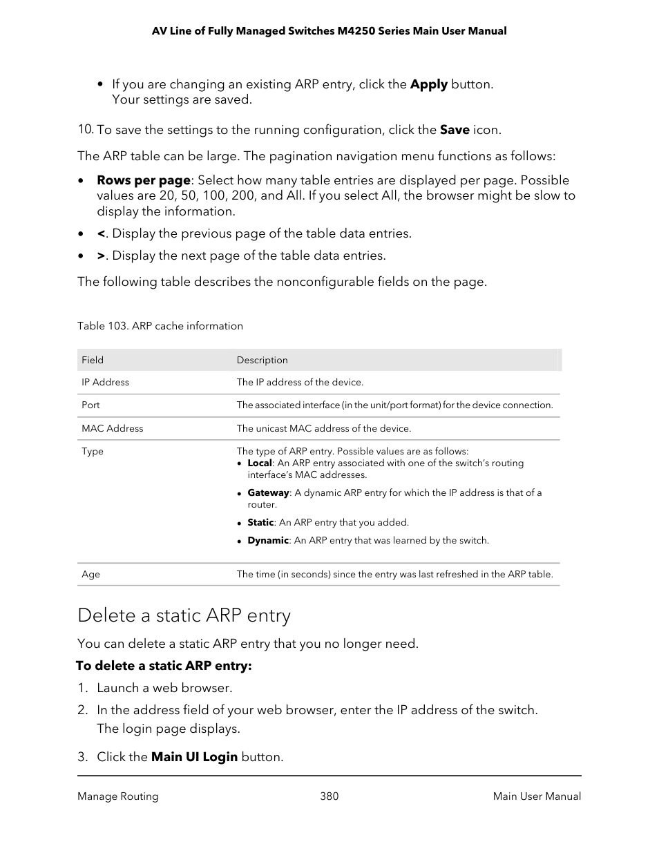 Delete a static arp entry | NETGEAR AV Line M4250 GSM4210PX 8-Port Gigabit PoE+ Compliant Managed AV Switch with SFP (220W) User Manual | Page 380 / 826