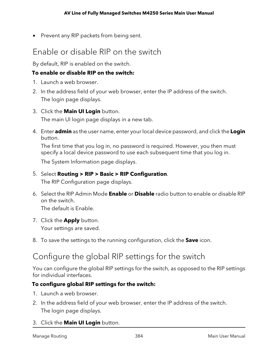 Enable or disable rip on the switch, Configure the global rip settings for the switch | NETGEAR AV Line M4250 GSM4210PX 8-Port Gigabit PoE+ Compliant Managed AV Switch with SFP (220W) User Manual | Page 384 / 826