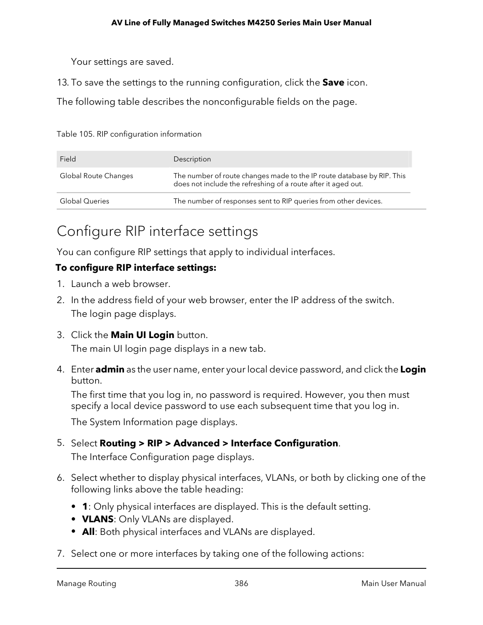 Configure rip interface settings | NETGEAR AV Line M4250 GSM4210PX 8-Port Gigabit PoE+ Compliant Managed AV Switch with SFP (220W) User Manual | Page 386 / 826