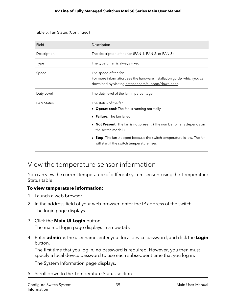 View the temperature sensor information | NETGEAR AV Line M4250 GSM4210PX 8-Port Gigabit PoE+ Compliant Managed AV Switch with SFP (220W) User Manual | Page 39 / 826