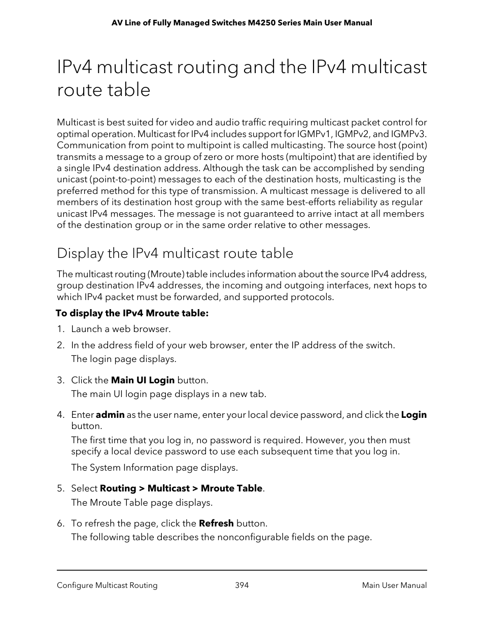 Display the ipv4 multicast route table | NETGEAR AV Line M4250 GSM4210PX 8-Port Gigabit PoE+ Compliant Managed AV Switch with SFP (220W) User Manual | Page 394 / 826